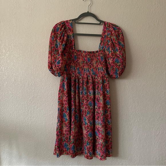 Pink colorful floral smocked mini dress - Picture 1 of 2
